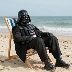 Darth Vader sitting on a deckchair, chilling on a sandy beach