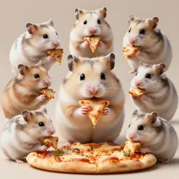detailed photo of a hamster eating pizza, various poses, full body, studio light, 8 k, photorealism, intricate detail, diffuse lighting