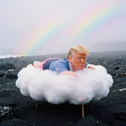 ! dream high quality pastel coloured film close up wide angle photograph of a donald trump wearing clothing swimming on cloud furniture in a icelandic black rock!! environment in a partially haze filled dreamstate world. three point light, rainbow. photographic production. art directed. pastel colours. volumetric clouds. pastel gradient overlay. waves glitch artefacts. extreme facial clarity. 8 k. filmic.