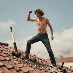 photo of 40 year old tall skinny man with curly brown hair destroying a roof