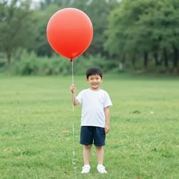 a full body shot of a boy standing and smiling holding a large red balloon