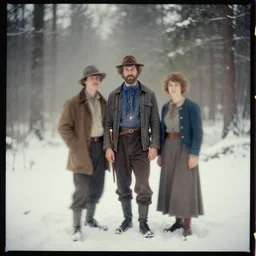 kodak portra 4 0 0, wetplate, muted colours, blueberry, 1 9 1 0 s style, motion blur, portrait photo of a backdrop, sparkling, lumberjack, forest, snow, fog, by georges melies and by britt marling