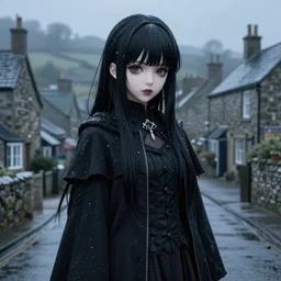 1 7 - year - old anime goth girl, black hair, long bob cut, long bangs, gothic coat, long bangs, united kingdom, rainy day, small town in great britain, midlands, english village, ultra - realistic, sharp details, cold lighting, blue and gray colors, intricate details, subsurface scattering, hd anime, 2 0 1 9 anime
