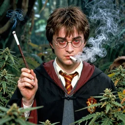harry potter in a jungle of weed plants, smoke everywhere, holding a wand that is a cigarette and a joint smoking out of it smoke, red eyes, bloodshot eyes, smoking weed