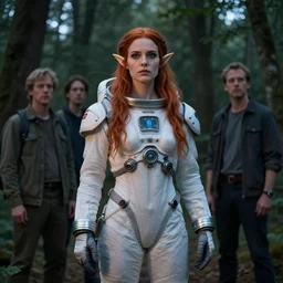 beautiful female elf with auburn hair in a feminine  spacesuit, aloof in the forest at dusk, by Edgar Maxence and Ross Tran and Michael Whelan and Gustav Klimpt