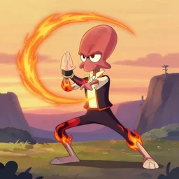 tentacled [ squidward ] wearing fire nation clothing and practicing firebending outside at susnset, [ greg rutkowski ]