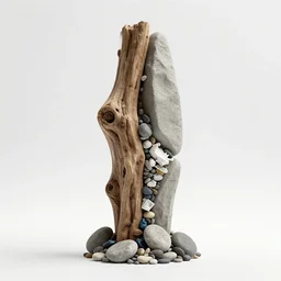 a column made of driftwood, washed stone, concrete, 3 d print, plastic garbage, river pebbles, zaha hadid, organic shape, parametric design, concept art, cinema 4 d, slick, high - res, octane render, trending on artsstation, unreal engine, white background, menhir