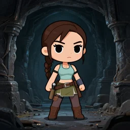 concept art of chibi Lara Croft exploring a dark dungeon, Justin Gerard