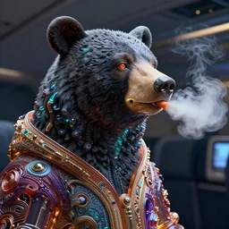 vibrant ultra clear sculpture of vaping on an airplane, blackbear ear positionby laurie greasley gustave dore ron english, cybernetics, low contrast, cinematic dramatic lighting, hyper realistic detailed intricate render, hypermaximalist, ornate, epic composition, 4 k 8 k, cryengine octane blender, sharp focus, concept art, masterpiece
