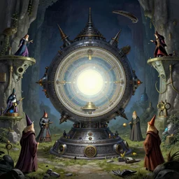 teleportation machine in a fantasy world, with wizards and warriors using it, the machine is a large metal contraption with a bright light in the center by thomas kinkade and m. c. escher