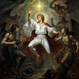 attractive male lucifer morningstar casting a spell summoning male demons, they rise from down bellow. highly detailed painting by gaston bussiere, craig mullins, j. c. leyendecker, 8 k