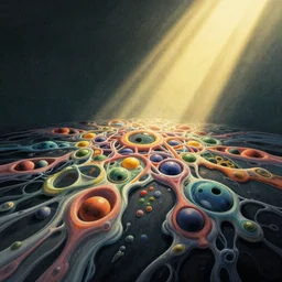 editorial illustration by karolis strautniekas and mads berg, sacred geometry melting, cells, colorful, fine texture, detailed, muted colors, film noir, dramatic lighting, dynamic composition, vivid, matte print, wide angle, ( ( sunbeams ) ), moody, extreme perspective