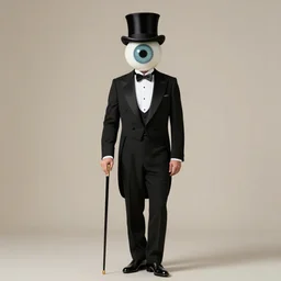 elegant gentleman with singular giant eyeball in place of his head, wearing black tailcoat tuxedo and top hat with theatrical walking cane