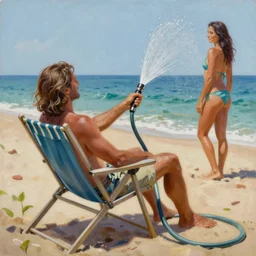 a painting of a shirtless man with long hair sitting in lawn chair, holding a water hose and spraying water on a woman at the beach high details