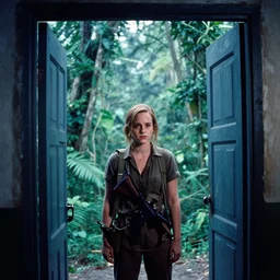 film still, extreme far view, emma watson, jungle, vietnam door gunner, apocalypse now, associated press,, 2 6 mm, kodak ektachrome, blue tint expired film,
