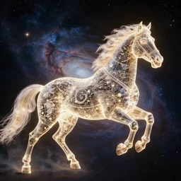 a stunning horse made of a illuminated astronomical map running through a space nebula by greg rutkowski, high key lighting, volumetric light, digital art, highly detailed, fine detail, intricate, ornate, complex, octane render, unreal engine, photorealistic