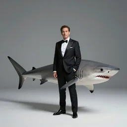 a bipedal shark in a tuxedo getting ready for work