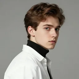 guy with brown hair looking back, narrow chin, thin face in a white shirt, black turtleneck, digital art, 8 k, character, realism, portrait