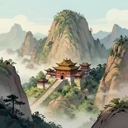 mountains with secret warrior monk temple hd landscape stylized sketch