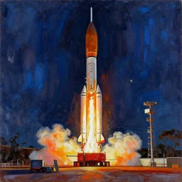 australian space agency launches a rocket, broad strokes, painting, night