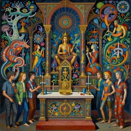 intricate detailed psychedelic painting of the altar, by beksinski, james gurney, lisa frank, dan luvisi, petros afshar, tim hildebrandt, liam wong, mark riddick, thomas kinkade, giger, dan mumford, trending on artstation, josephine wall, wlop