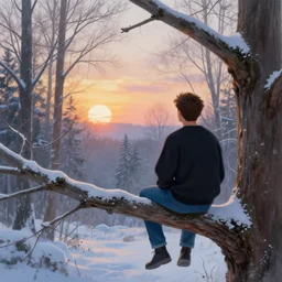 ryan church jon mccoy george hull emmanuel shiu concept art mood painting man wearing black sweatshirt blue jeans sitting on top of tree branch winter watching beautiful december sunrise detailed forest