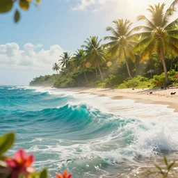 the most beautiful tropical island, big waves, seashore, flowers, palmtrees, animals, bokeh, godrays, highly detailed, lowbrow, cinematic, artstation
