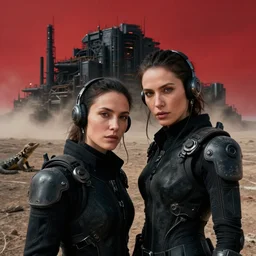 cinestill 5 0 d photographic portrait of two loving female androids wearing rugged black techwear on a desolate plain with a red sky, extreme closeup, lizard on ground, cyberpunk style, in front of a brutalist dark metal facility, dust storm, 3 5 mm, 8 k, hd, f / 3 2, high resolution, ultra realistic faces