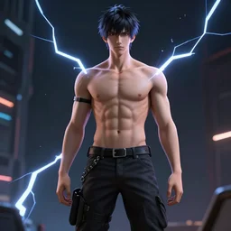 an unknown anime render of a very beautiful 3d anime man, hot petite, badass cinematic lightning, medium shot, mid-shot, highly detailed, highly detailed, Unreal Engine 8k, 3d render, octane render, shirtless six pack abs, full body render, set in the year 2099, futuristic