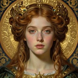 detailed realistic beautiful young medieval queen face portrait by jean delville, tom bagshaw, brooke shaden, gustave dore and marco mazzoni, art nouveau, symbolist, visionary, gothic, pre - raphaelite, ornate gilded medieval icon, surreality, ethereal, unearthly