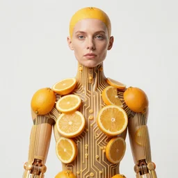portrait of a humanoid circuit - entity with multiple elements of citrus fruit. humanoid portraits by annie leibowitz