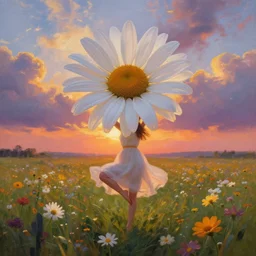 giant daisy flower as head, full body girl dancing in a flower field, surreal photography, sunrise, dramatic light, impressionist painting, colorful clouds, digital painting, artstation, simon stalenhag