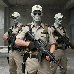 beige uniform and caps pale zombie!! security officers with background brutalist concrete interior trending on artstation digital painting highly detailed 4 k 8 k holding bullpups hd by greg rutkowski