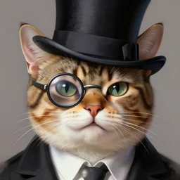 close portrait of a fancy cat ( animal ) with a top hat and monocle over one eye, smiling, vaporwave, highly detailed, digital painting, artstation, concept art, smooth, sharp focus, illustration, art by artgerm and greg rutkowski and alphonse mucha