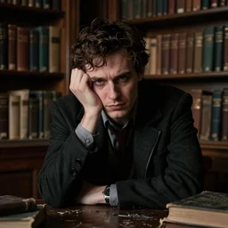 night portrait of a neurotic british man ( ( vampire ) ) feeling confidant in a grungy library f / 1. 4 hdr
