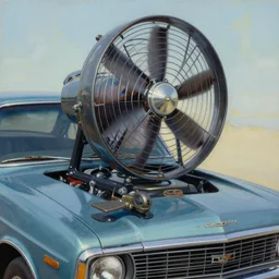 A car with a giant fan attached to its hood, diesel punk , , cinematic composition, detailed, Matt painting, oil painting, high res, norman rockwell artwork style,
