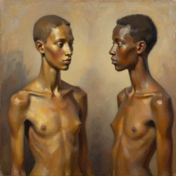 scene, moment, portrait, ethnic, realistic face sculpted features, thin and statuesque, conversation, warm glow, radiant, bathed in light, chiaroscuro, specular highlights, angular impressionism, natural color scheme, earthy tones, modern fashion, contemporary art, gestural oil on canvas