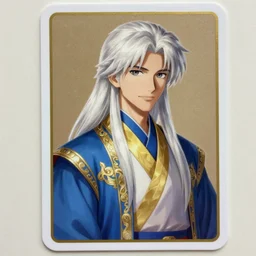 card art portrait of a young man wizard with long white hair wearing blue and golden robes, makoto shinkai, very detailed, matte, tonemapping, bbwchan, perfection, 4 k, william - adolphe bouguereau