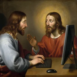 Jesus Christ excited typing on a computer painted by Zurbaran