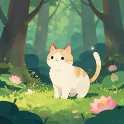 pixar style illustration of a cat in woods, lotus flowers
