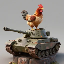 a chicken riding on top of a post - apocalyptic military tank, 3 d render, digital art, artstation, cgsociety, mandy jurgens, wlop
