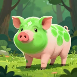 a oversized pig with green radioactive skin standing in a forest clearing, digital art
