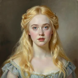 Painting of Elle Fanning as a princess, long blonde hair, delicate, pale milky white porcelain skin, by Leyendecker and Norman Rockwell