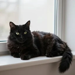 Black fluffy cat relaxing in front of a window