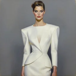 an intricate realistic oil painting of a fashion model resembling linda evangelista, wearing avant garde fashion, clothing by alexander mcqueen, clothing by iris van herpen, full body, runway, by tom bagshaw, by karol bak