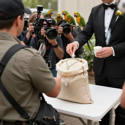 A guard wearing a shoulder bag denies access to a journalist rabbit with a camera crew behind it consisting of parrots. In the background, there's a table with a bag of rice on top of it. The bag wears a diamond necklace. A butler stands next to it with a rice cup, ready to take some rice out of the bag