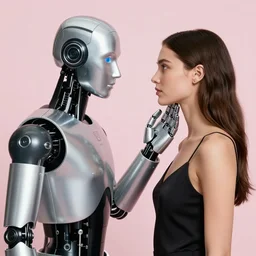 a human victoria's secret model is standing next to a humanoid silver robot and robot is touching model's face, robot's head is exact copy of model's head, realistic, 4 k