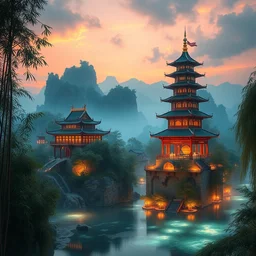magic palace, emei mountain, chinese tower, luminous water, bamboos, magic, realism, redshift rendering 3 d, super detail, lifelike, 8 k, masterpiece, functional art station, panorama, super wide angle ， crepuscular ray ， sunrise lighting