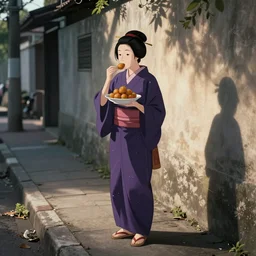 Murasaki Shikibu standing on a Filipino sidewalk eating fishballs
