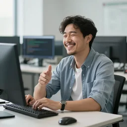 a programmer finally fixed a bug in his code after trying for a long time, looking relieved and happy